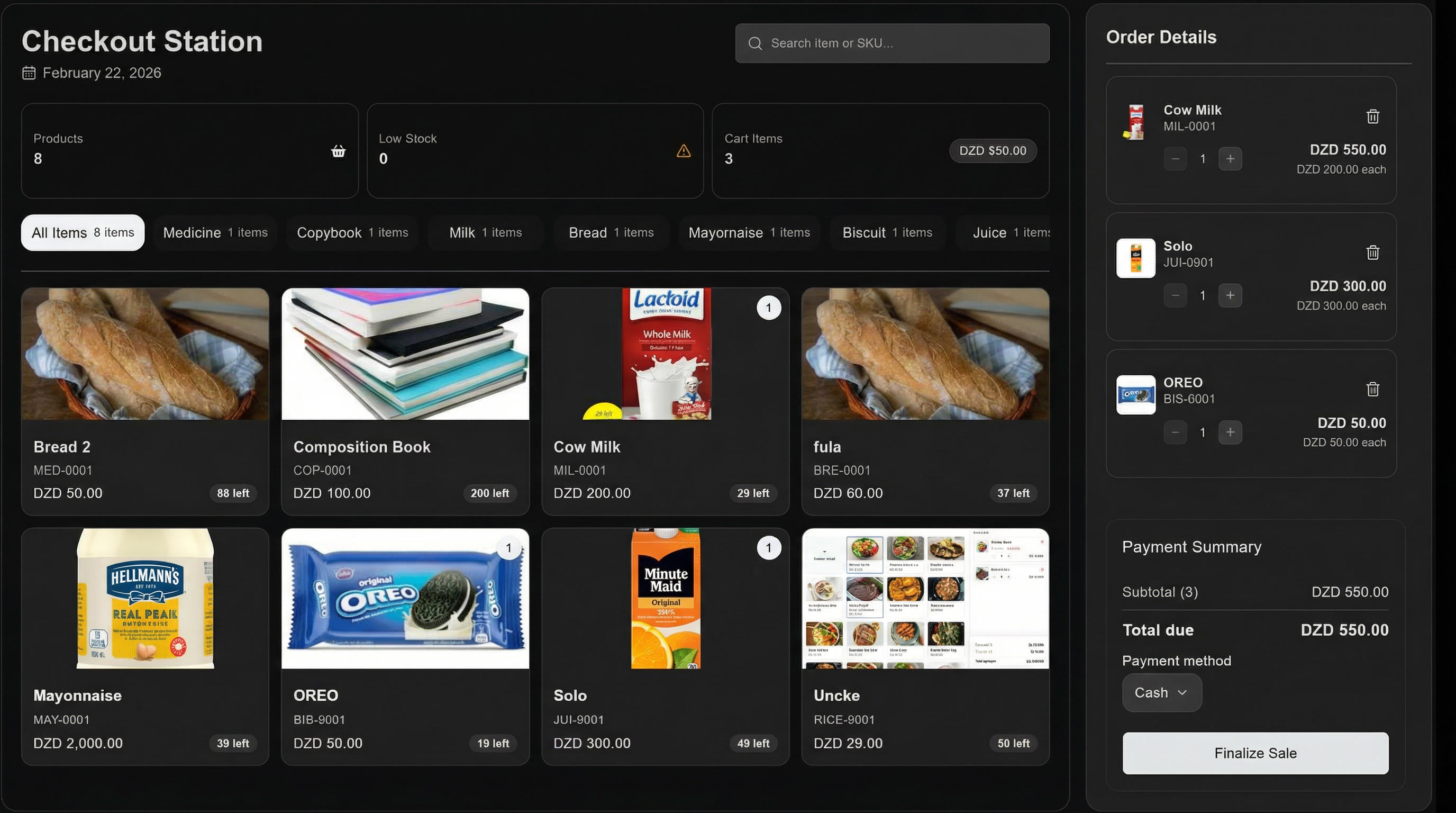 Checkout station POS screen with items grid and order details panel.